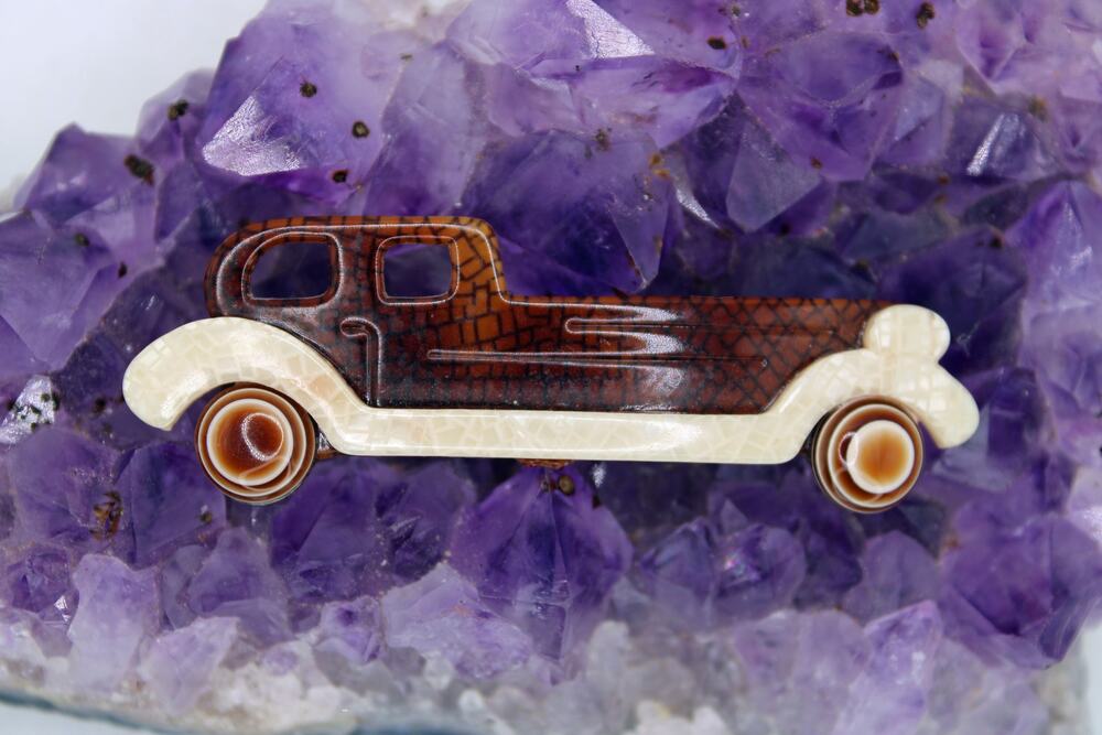 Lea Stein Celluloid Rolls Royce Car Brooch Brown/Cream